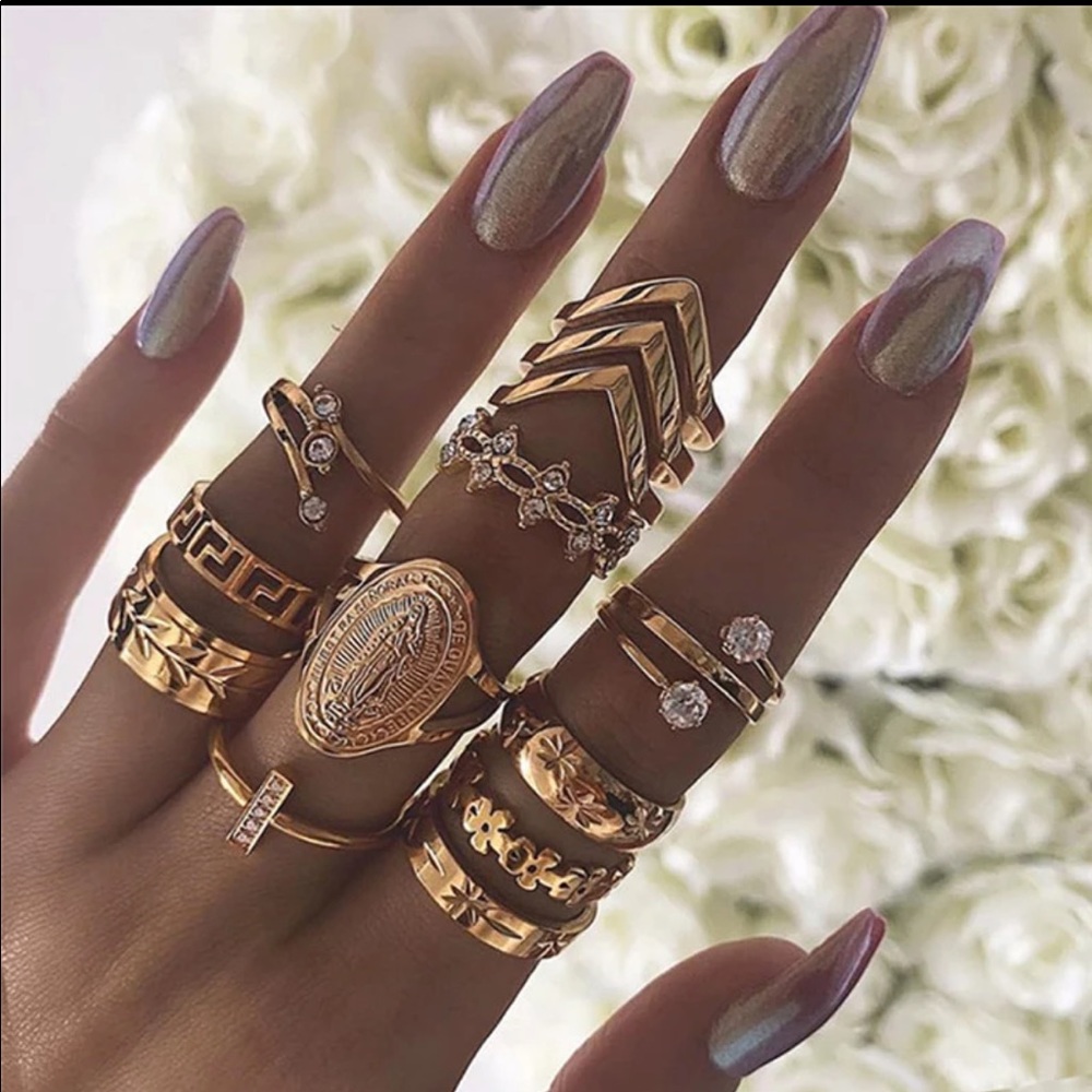 13 pc Gold Tone Virgin Mary Boho Ring Set